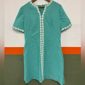Vintage Handmade Teal Dress with White Floral Trim